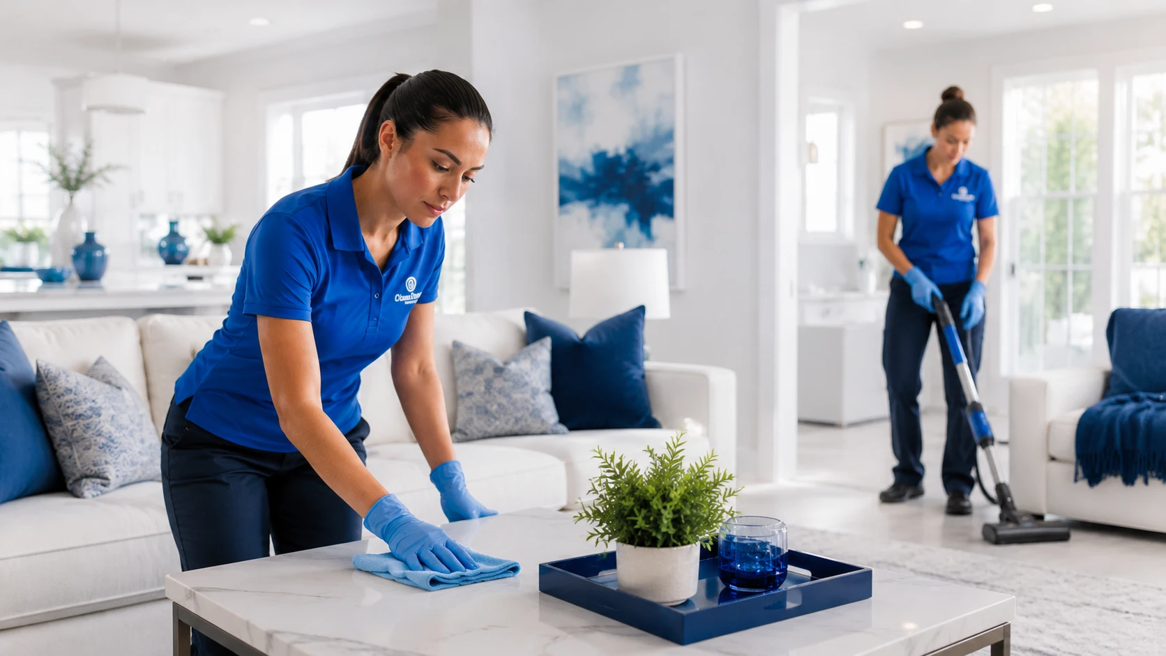 Cleaning professionals caring for a bright family living space