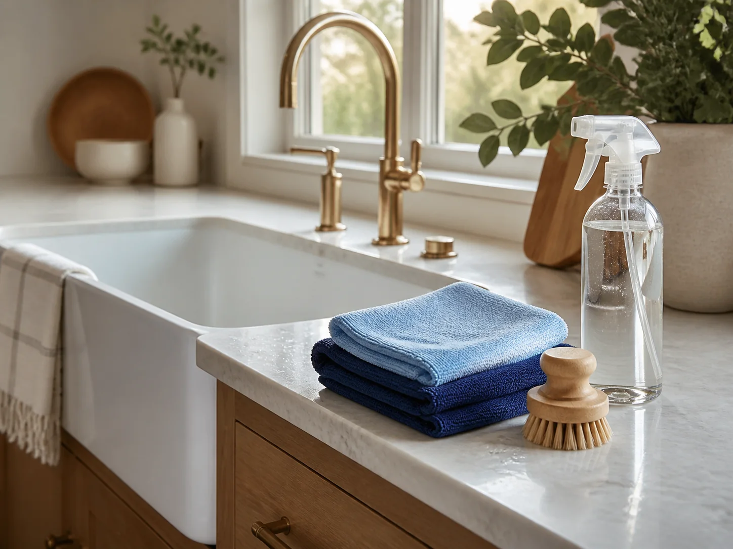 Eco-friendly cleaning supplies and folded microfiber cloths beside a spotless kitchen sink