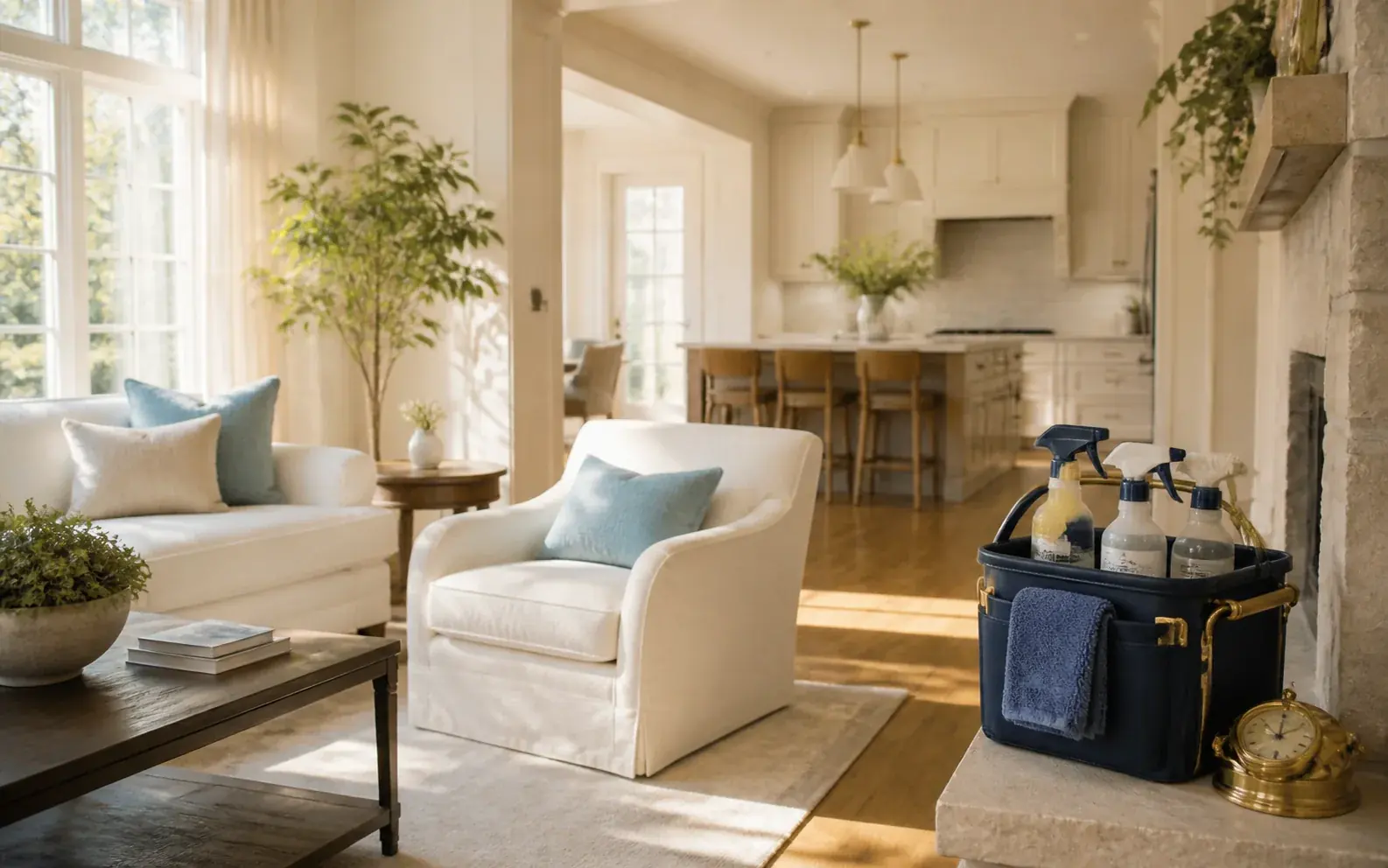 Freshly cleaned Richmond home with professional supplies ready by the fireplace